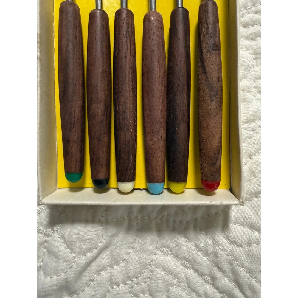 Fondue Forks Vintage Stainless Steel /Wood Multicolor tip 6pc Made in Japan MCM
